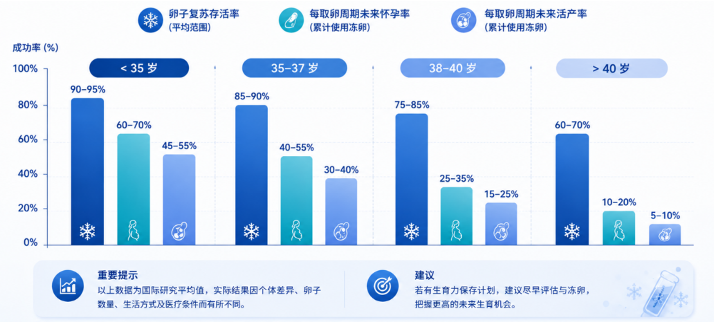 不同年龄阶段进行冻卵后未来怀孕及活产机会变化趋势