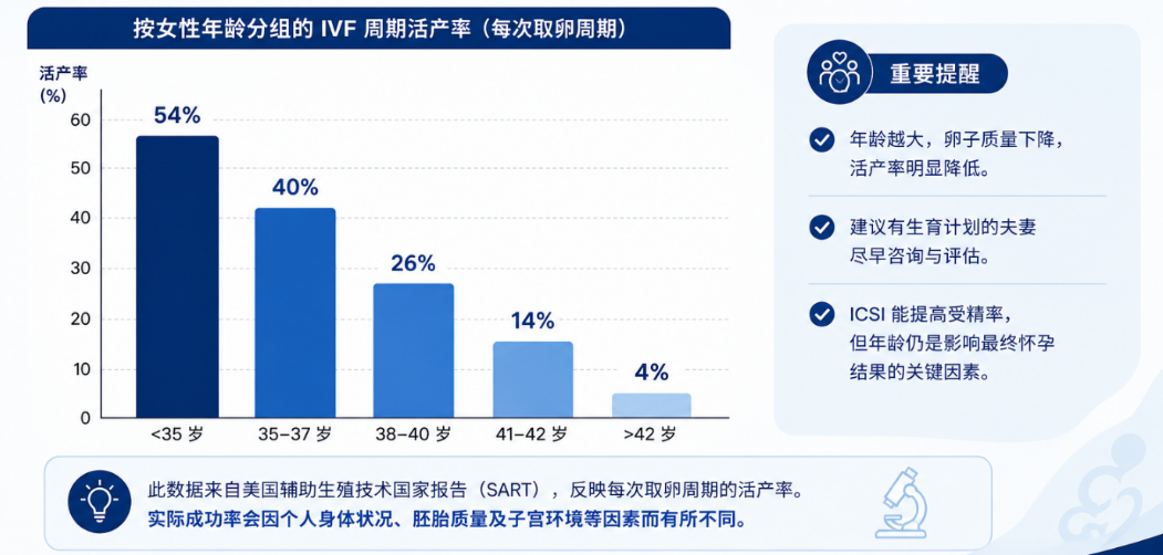 按女性年龄分组的 IVF/ICSI 周期活产率 - Metro IVF